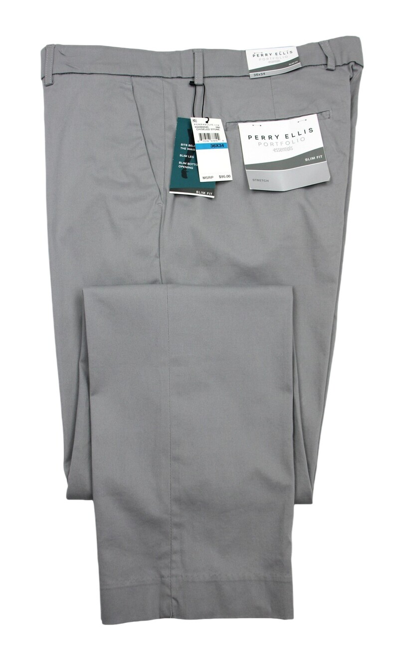 Perry Ellis Pants Mens 36x34 Gray Chino Slim Fit Stretch Portfolio Essentials